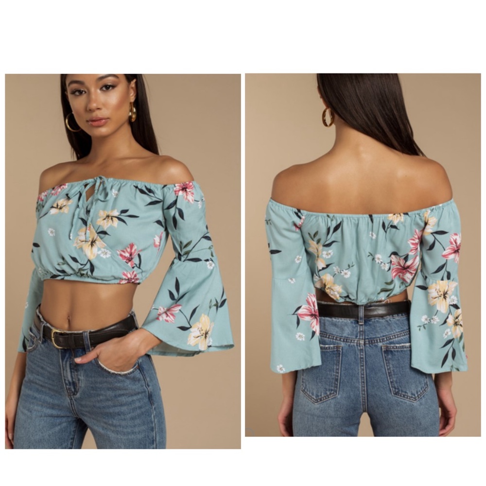 Light Blue/Mulit-Colored/Floral/Long Sleeve/Bell Sleeve/Crop Top